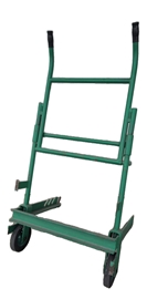 Greenlee 916 Reel Transporter. Steel welded frame construction with 8-inch heavy-duty wheels. Designed for transporting and dispensing wire reels up to 40 inches in diameter and 20 inches wide. Maximum weight capacity is 300 lbs. Features a folding handle
