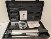 This self-leveling laser kit features a pendulum-based leveling system with a manual lock for angled layouts and transport safety. It projects visible red horizontal and vertical lines with ±1/4 inch accuracy at 30 feet. The 82844 package includes a heigh