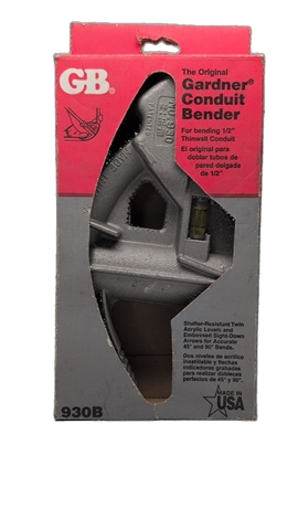 Gardner Bender 930B 1/2"" EMT Aluminum Hand Bender. Includes built-in acrylic level gauge and Vise-Mate conduit holding feature. Aluminum body with embossed sight lines for standard angles.