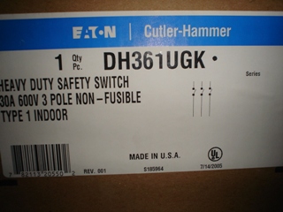 Cutler-Hammer DH361UGK Distribution30-AMP 3-POLE HEAVY-DUTY SAFETY SWITCH NON-FUSIBLE 600-VAC 250-VDC NEMA-1 Cutler-Hammer DH361UGK Distribution30-AMP 3-POLE HEAVY-DUTY SAFETY SWITCH NON-FUSIBLE 600-VAC 250-VDC NEMA-1